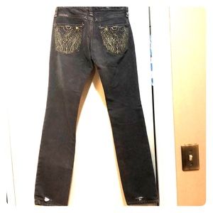 Gray Straight Leg Jeans with Gold Embroidery